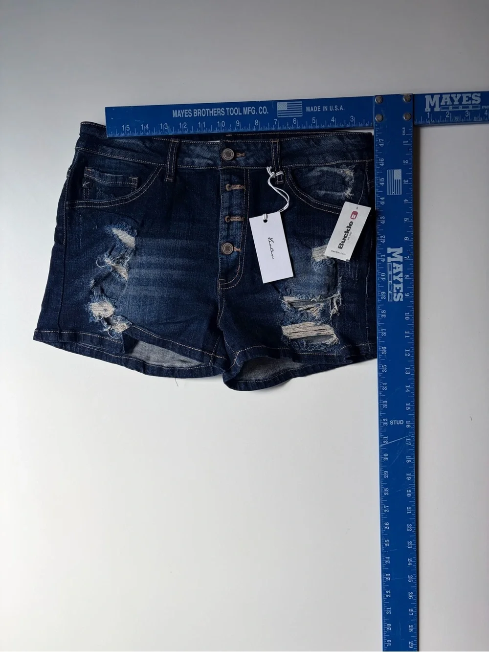 Buckle Dark Blue Distressed Denim Button-Fly Jean Shorts